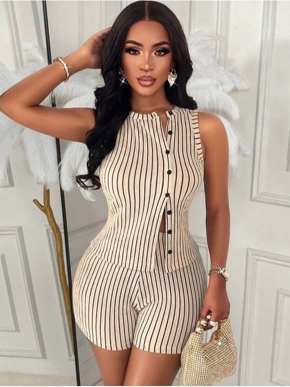 Cream and Black Striped Sleeveless Two Piece Short Set